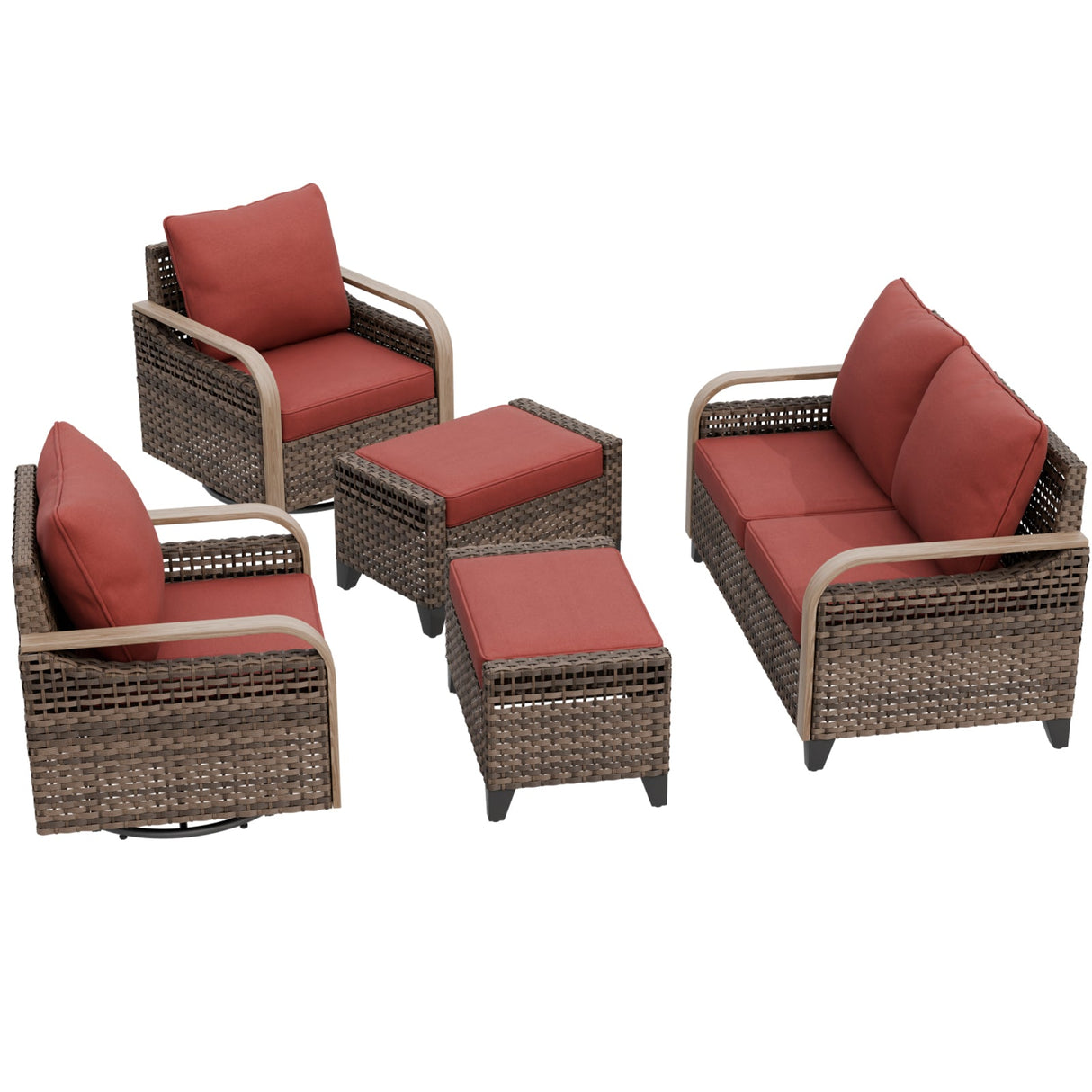 Modern Wicker Outdoor Patio Furniture Set,2 Swivel Rocking Chairs, 2 - Seat Loveseat and 2 Ottomans, 5 Pieces, Brown/Gray - Eagle Peak Custom Canopy Tent