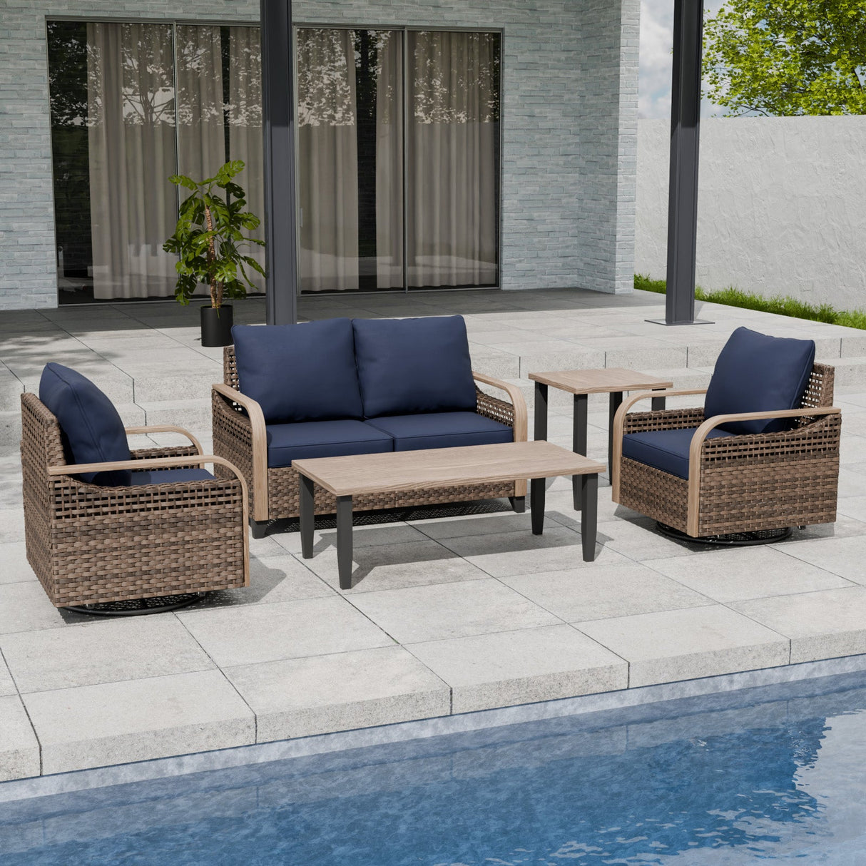 Modern Wicker Outdoor Patio Furniture Set,2 Swivel Rocking Chairs, 2 - Seat Loveseat, Coffee Table and Side Table, 5 Pieces, Brown/Gray - Eagle Peak Custom Canopy Tent