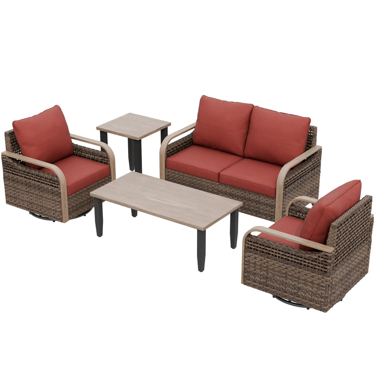 Modern Wicker Outdoor Patio Furniture Set,2 Swivel Rocking Chairs, 2 - Seat Loveseat, Coffee Table and Side Table, 5 Pieces, Brown/Gray - Eagle Peak Custom Canopy Tent