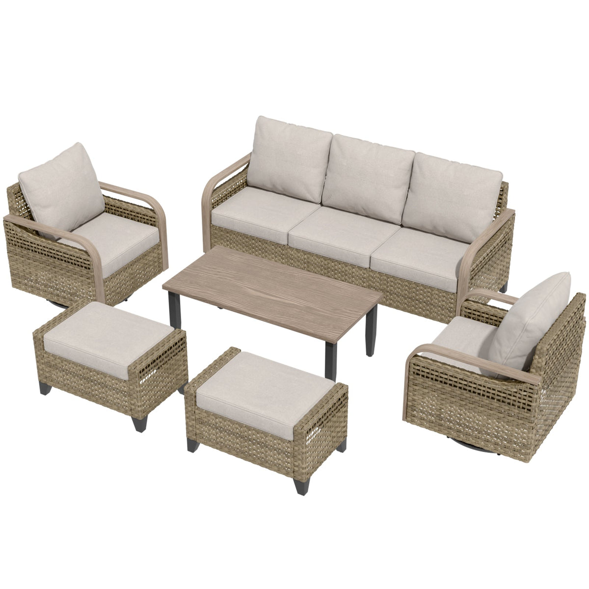 Modern Wicker Outdoor Patio Furniture Set,2 Swivel Rocking Chairs, 3-Seat Loveseat, 2 Ottomans and Coffee Table, 6 Pieces, Brown/Gray - Eagle Peak®