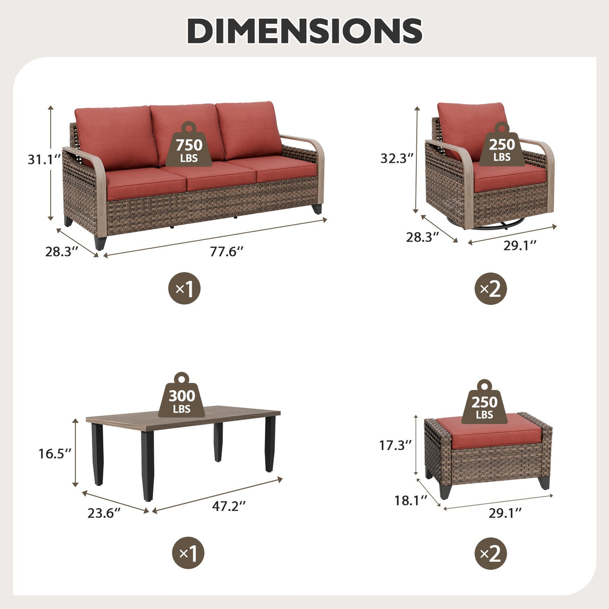 Modern Wicker Outdoor Patio Furniture Set,2 Swivel Rocking Chairs, 3 - Seat Loveseat, 2 Ottomans and Coffee Table, 6 Pieces, Brown/Gray - Eagle Peak Custom Canopy Tent