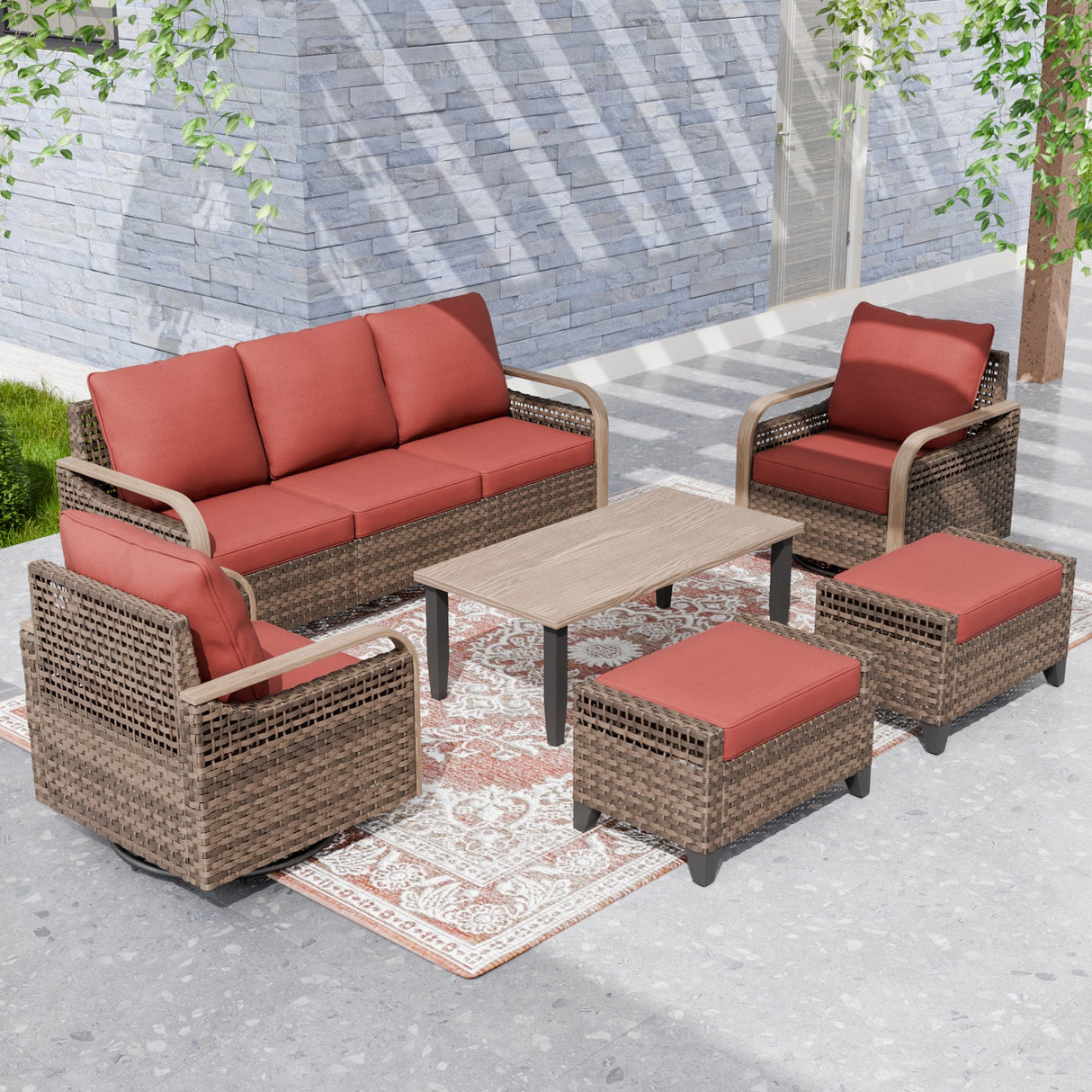 Modern Wicker Outdoor Patio Furniture Set,2 Swivel Rocking Chairs, 3 - Seat Loveseat, 2 Ottomans and Coffee Table, 6 Pieces, Brown/Gray - Eagle Peak Custom Canopy Tent
