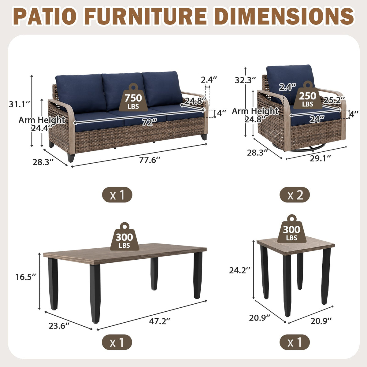 Modern Wicker Outdoor Patio Furniture Set,2 Swivel Rocking Chairs, 3-Seat Loveseat, 2 Ottomans and Coffee Table, 6 Pieces, Brown/Gray - Eagle Peak®