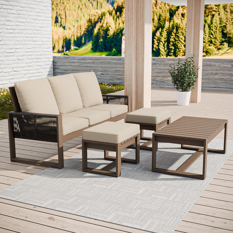 Natural Wood Furniture Set, Sofa, 2 Ottomans and Coffee Table, 4 Pieces - Eagle Peak Custom Canopy Tent