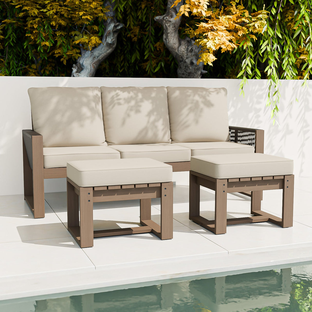 Natural Wood Furniture Set, Sofa and Ottomans, 3 Pieces - Eagle Peak Custom Canopy Tent