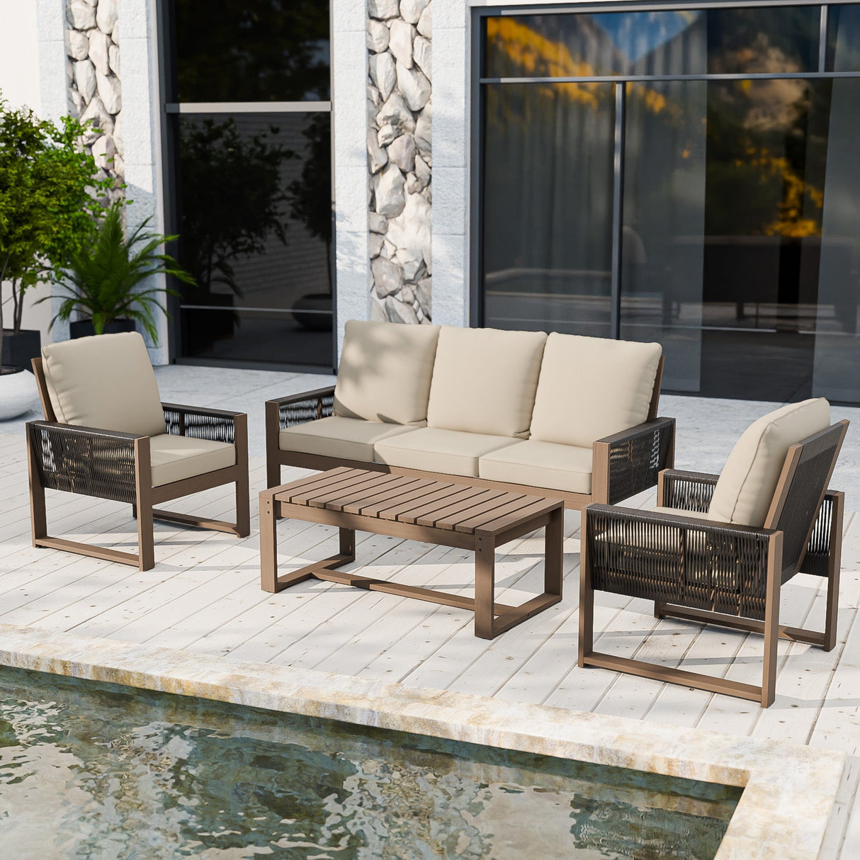 Natural Wood Outdoor Patio Furniture Set, Sofa 2 Chairs and Coffee Table, 4 Pieces - Eagle Peak Custom Canopy Tent