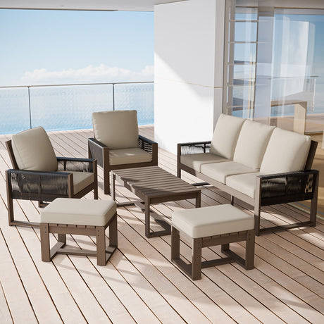 Natural Wood Outdoor Patio Furniture, Sofa 2 Patio Chairs 2 Ottomans and Coffee Table, 6 pcs - Eagle Peak Custom Canopy Tent
