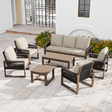 Natural Wood Outdoor Patio Furniture,Sofa 4 Patio Chairs, Coffee Table and Side Table, 7 pcs - Eagle Peak Custom Canopy Tent