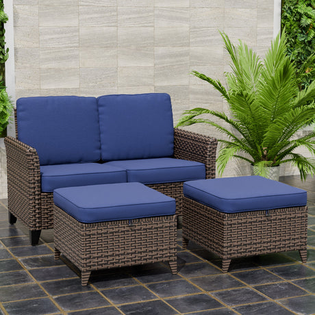 Ocean Vista Outdoor Wicker Loveseat Sofa with 2 Ottomans, Set of 3 - Eagle Peak