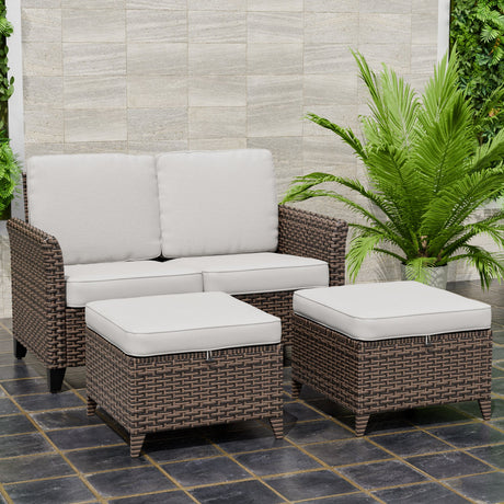 Ocean Vista Outdoor Wicker Loveseat Sofa with 2 Ottomans, Set of 3 - Eagle Peak