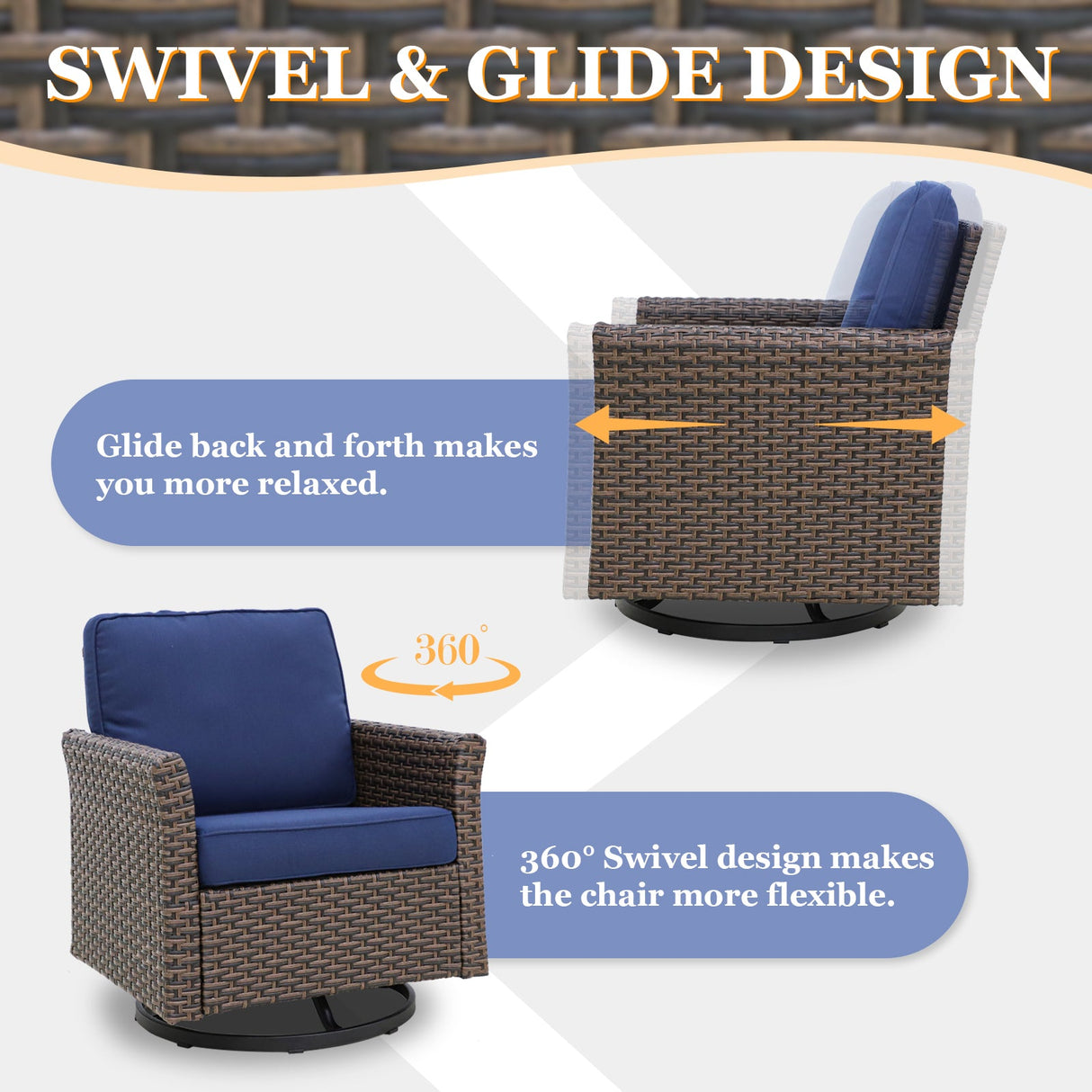 Ocean Vista Wicker Outdoor Patio Furniture Set, Couch Swivel Rocking Chairs Ottomans Table, 6 Piece - Eagle Peak