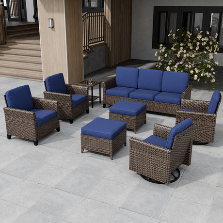 Ocean Vista Wicker Outdoor Patio Furniture Set, Patio and Swivel Chairs Couch Ottomans Table, 8 Piece, Beige/Blue - Eagle Peak