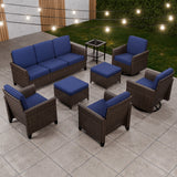 Ocean Vista Wicker Outdoor Patio Furniture Set, Patio and Swivel Chairs Couch Ottomans Table, 8 Piece, Beige/Blue - Eagle Peak