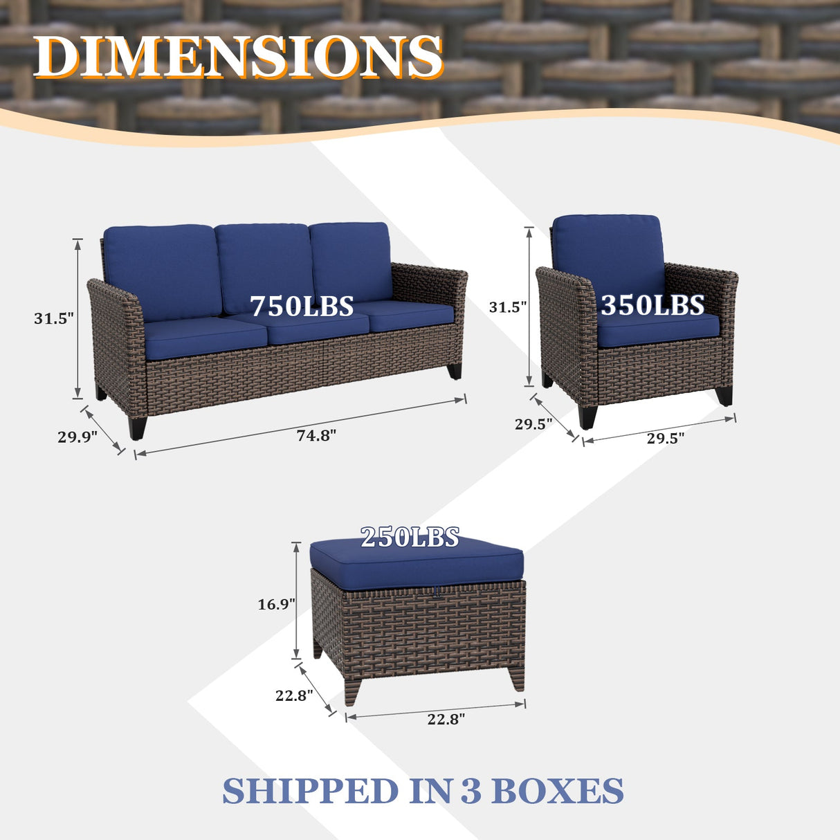 Ocean Vista Wicker Outdoor Patio Furniture Set w/ 3 Seat Sofa, Patio Chairs, 5 Piece - Eagle Peak