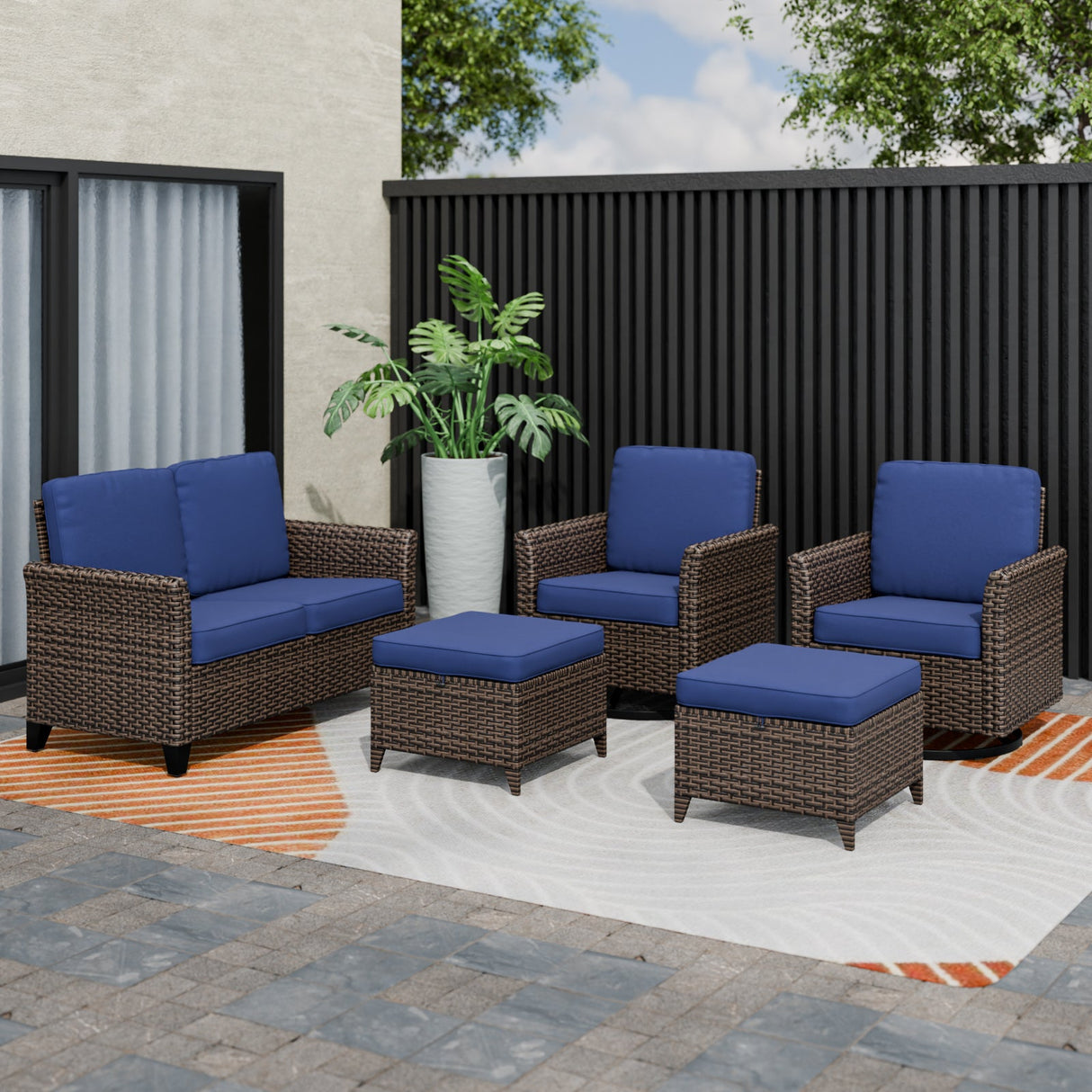 Ocean Vista Wicker Outdoor Patio Furniture Set w/ Loveseat,Patio Chairs , 5 Piece - Eagle Peak