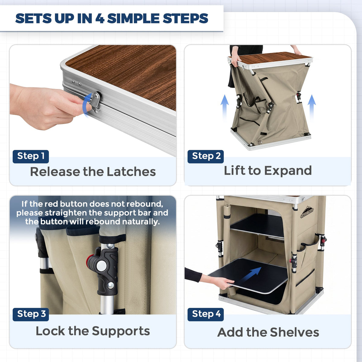 Outdoor Camping Pop Up Folding Table with Large 3-Tier Storage Organizer and Side Pockets - Eagle Peak®