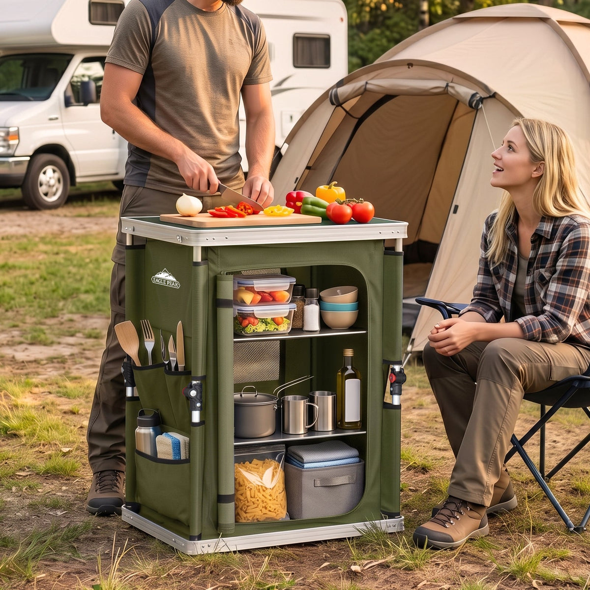 Outdoor Camping Pop Up Folding Table with Large 3-Tier Storage Organizer and Side Pockets - Eagle Peak®