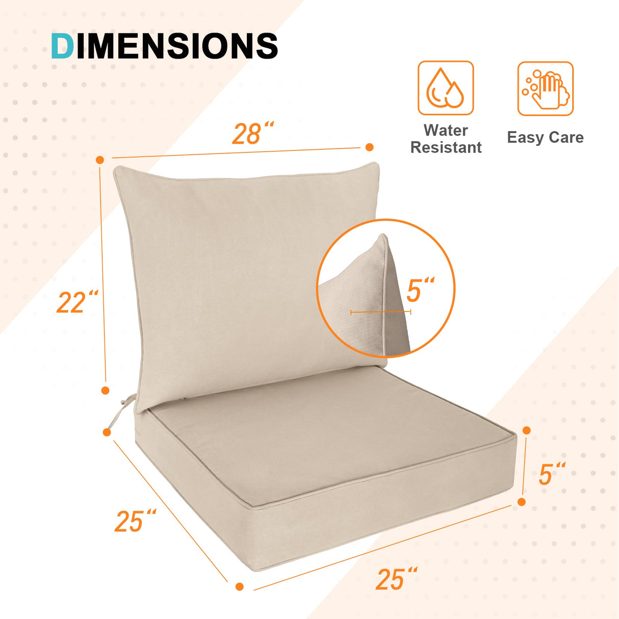 Outdoor Deep Seat Cushion Set, 25 x 25 x 5 inch ,Set of 2 - Eagle Peak Custom Canopy Tent