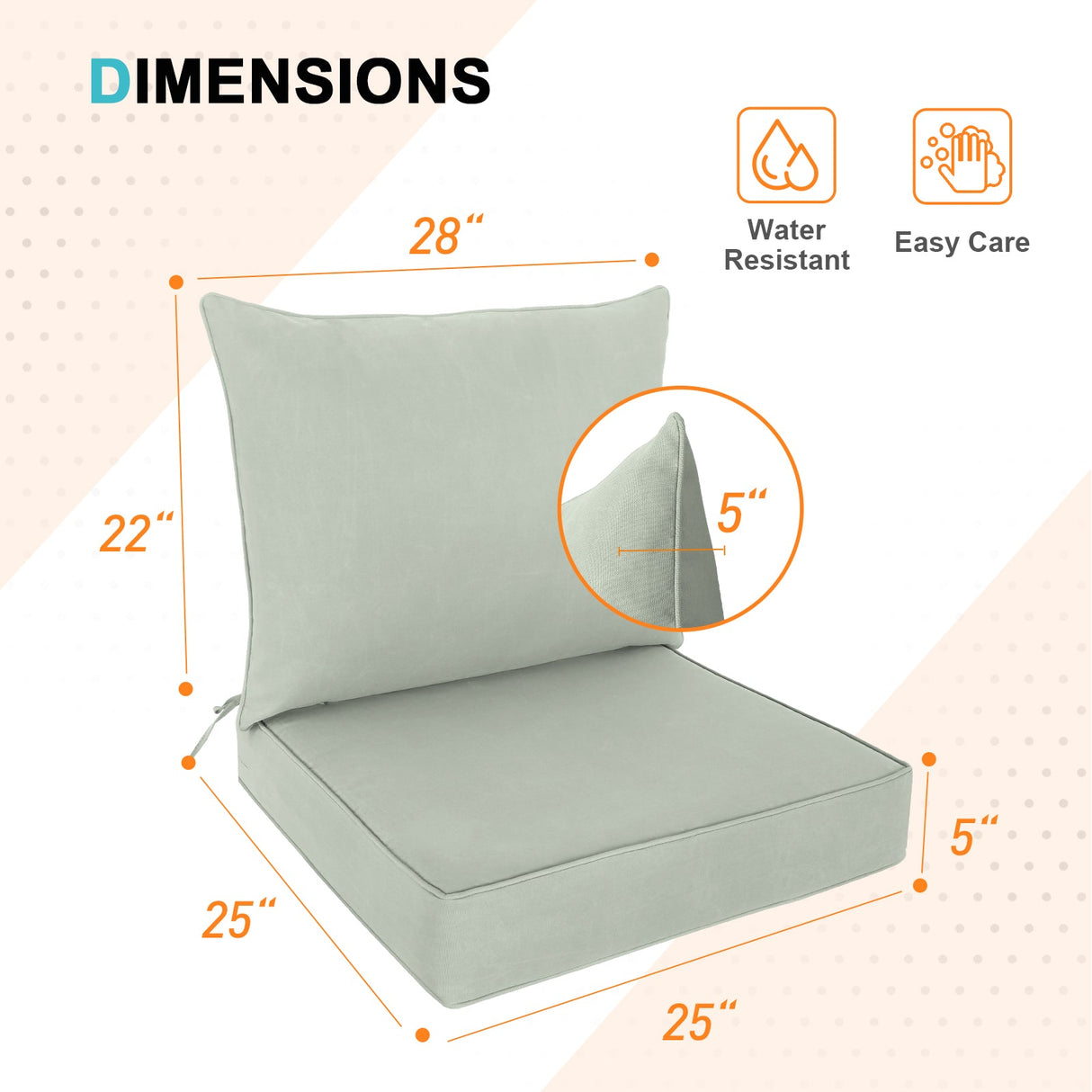 Outdoor Deep Seat Patio Seat Cushion Set, 25x25x5 inch, 2 - Piece Back Chair Cushion - Eagle Peak Custom Canopy Tent