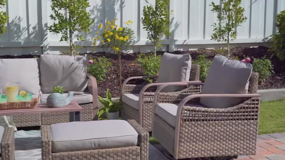 Modern Wicker Outdoor 3 Piece Wicker Swivel Rocking Chairs & Side Table, Brown/Gray