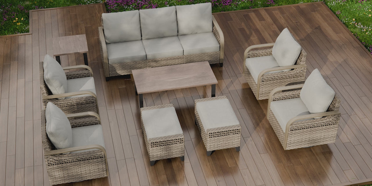 Modern Wicker Outdoor 3 Piece Wicker Swivel Rocking Chairs & Side Table, Brown/Gray