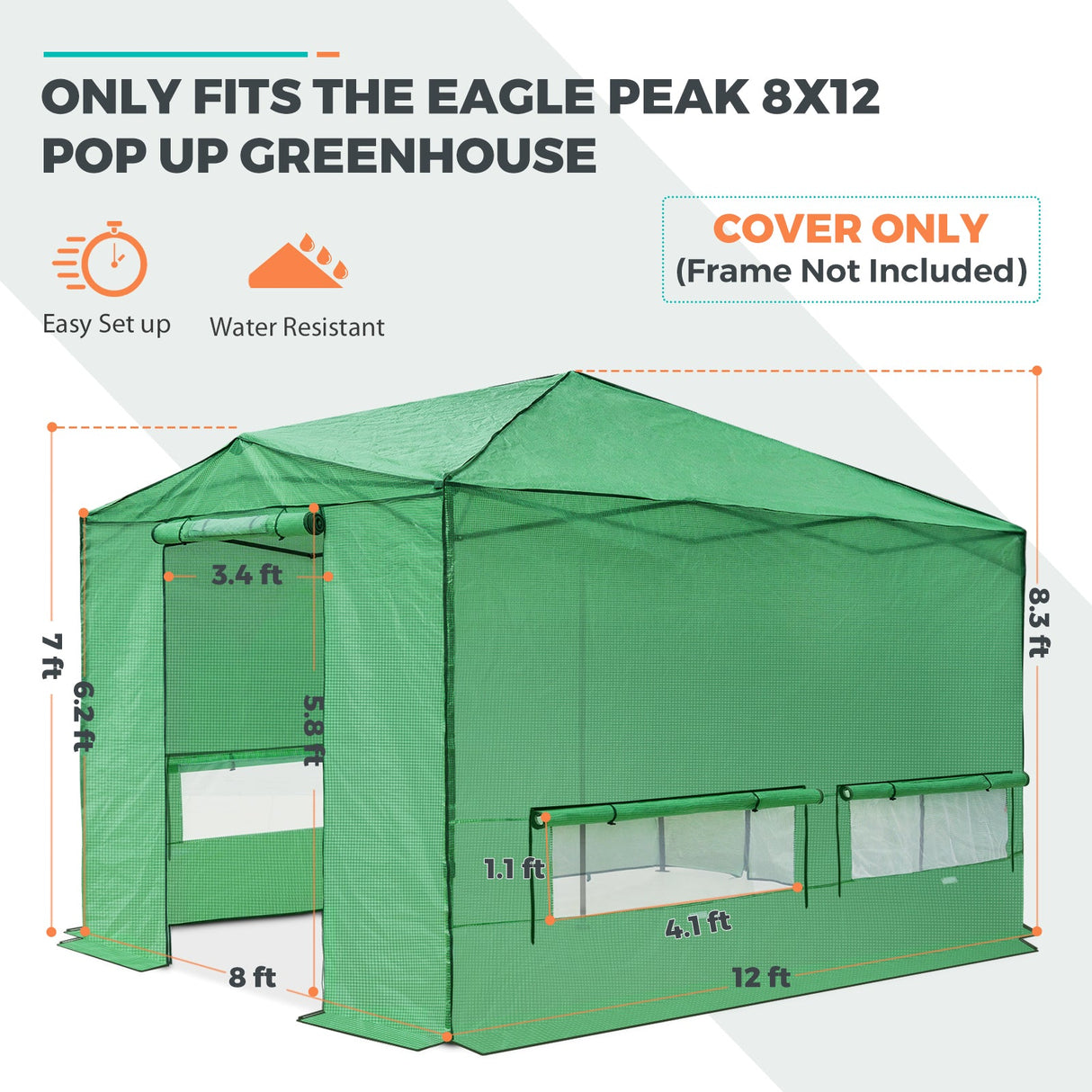 Replacement Cover for 12x8 Portable Walk - in Pop up Greenhouse(Frame Not Included) - Eagle Peak Custom Canopy Tent