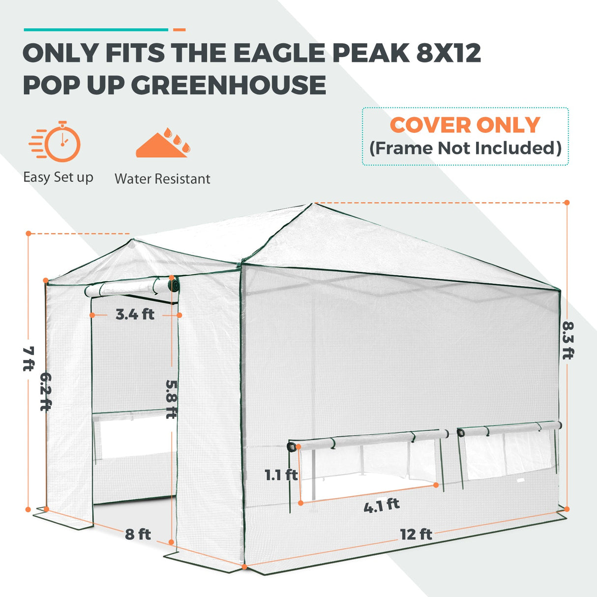 Replacement Cover for 12x8 Portable Walk - in Pop up Greenhouse(Frame Not Included) - Eagle Peak Custom Canopy Tent
