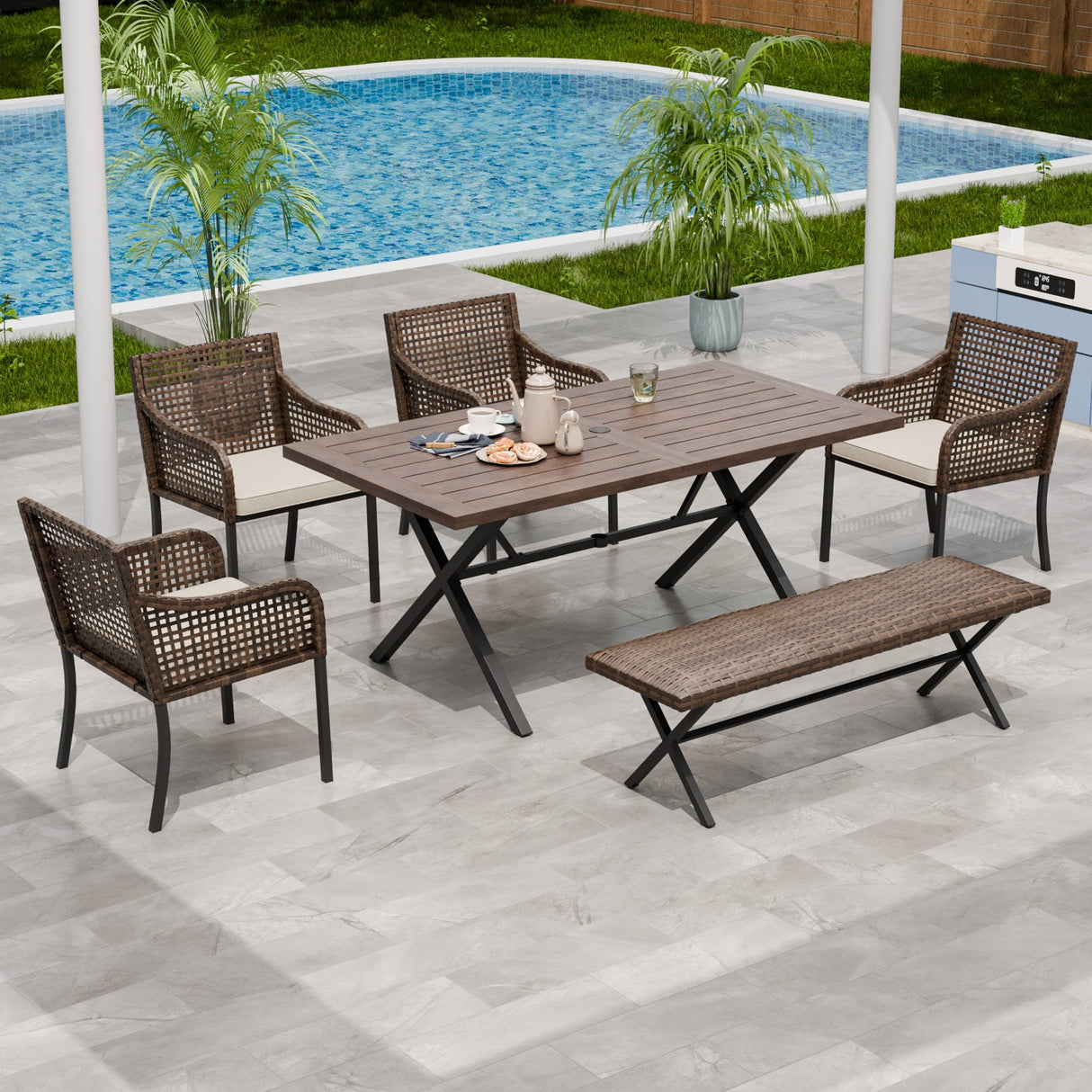 Sienna Bay Outdoor Dining Set for 4/6, Brown/Beige - Eagle Peak Custom Canopy Tent