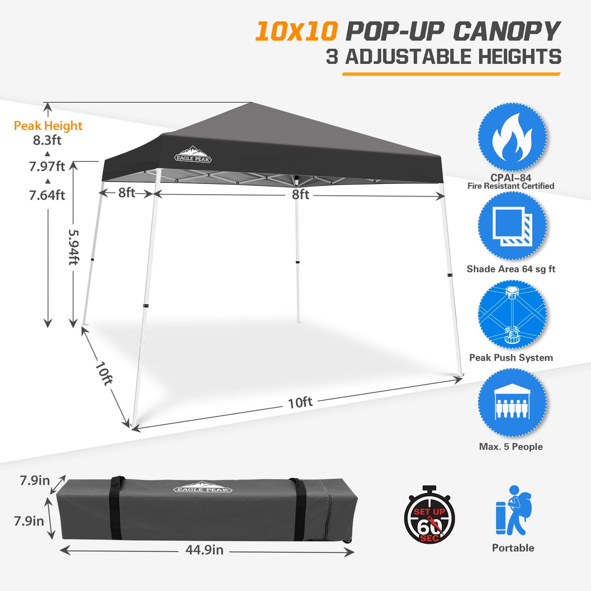 Slant Leg Pop up Canopy Tent, 10x10 Base 8x8 Top - Eagle Peak Custom Canopy Tent