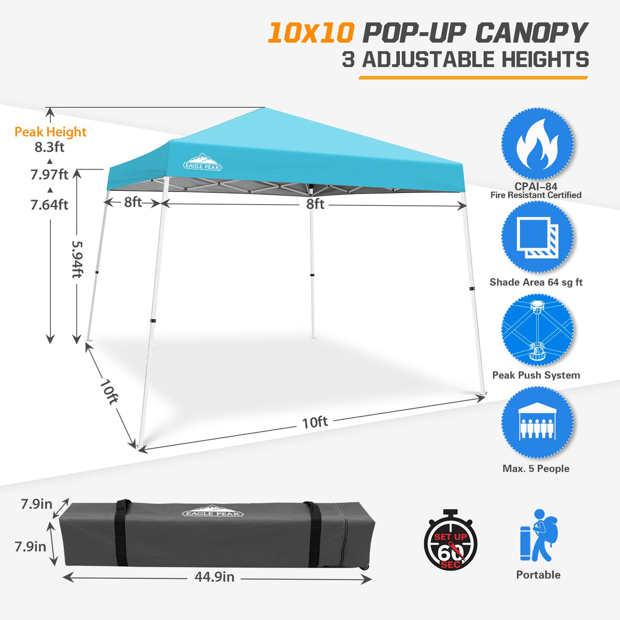 Slant Leg Pop up Canopy Tent, 10x10 Base 8x8 Top - Eagle Peak Custom Canopy Tent