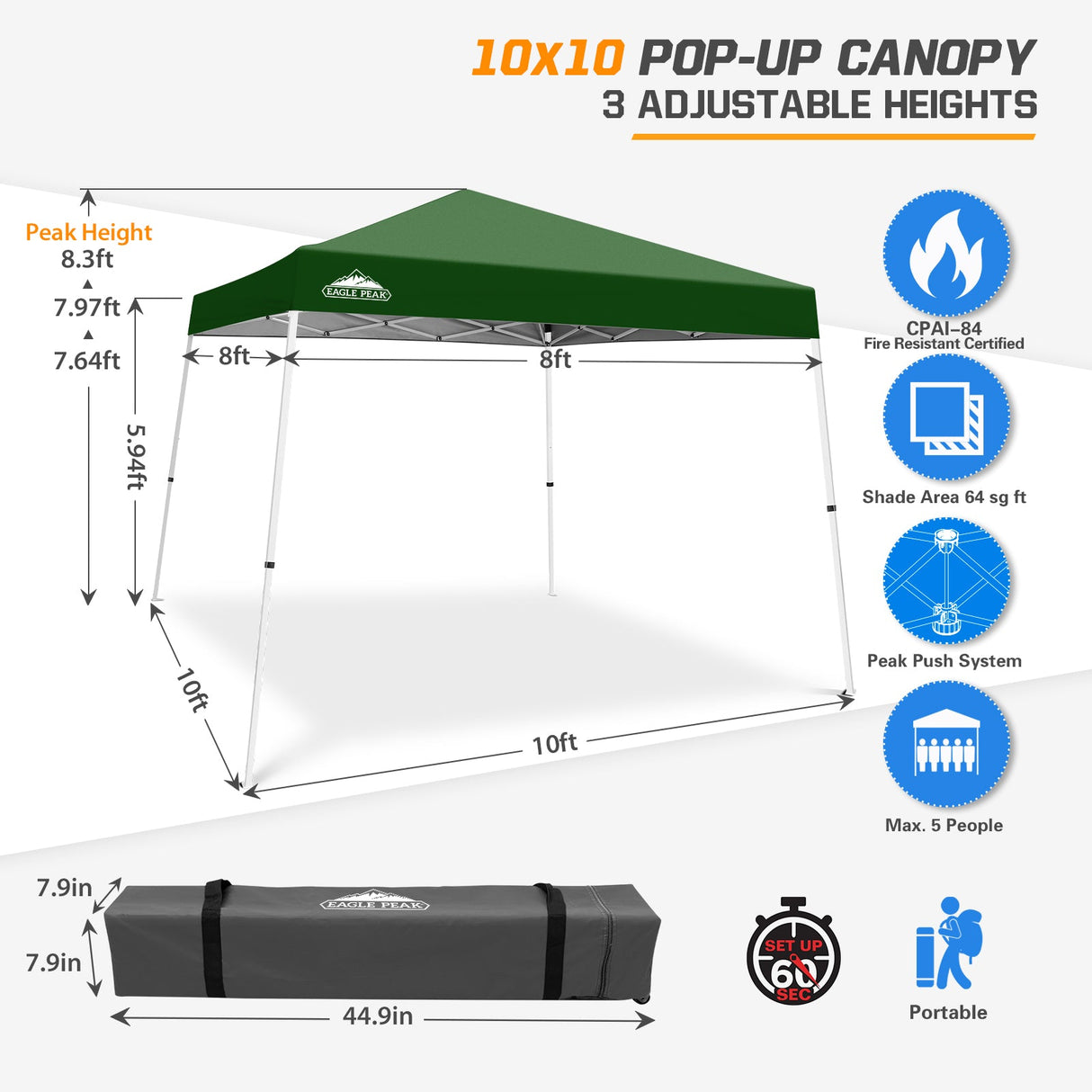 Slant Leg Pop up Canopy Tent, 10x10 Base 8x8 Top - Eagle Peak®
