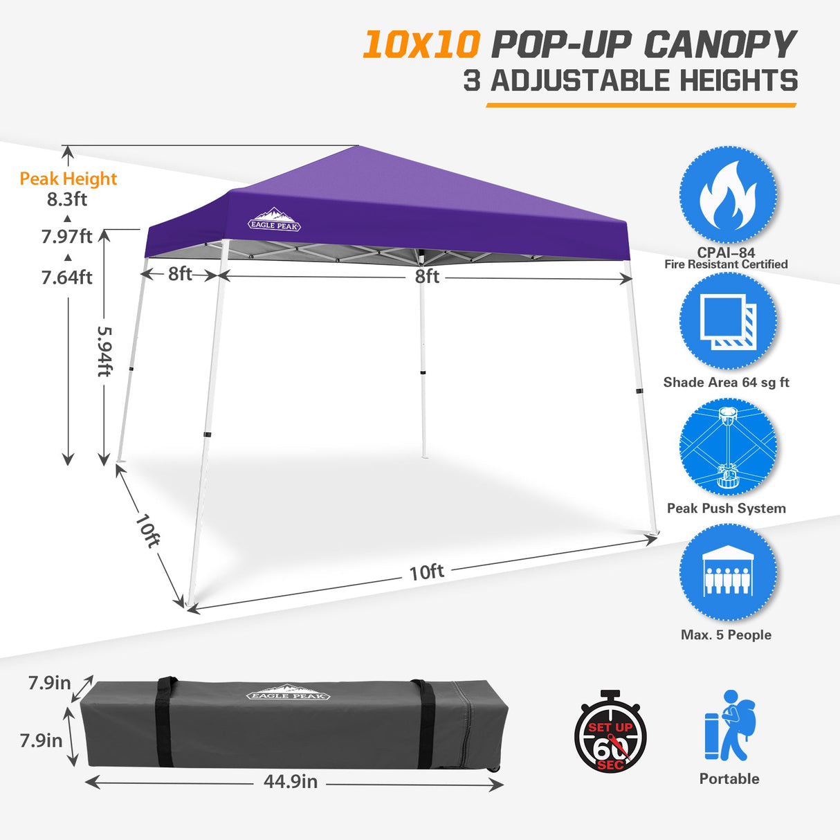 Slant Leg Pop up Canopy Tent, 10x10 Base 8x8 Top - Eagle Peak Custom Canopy Tent