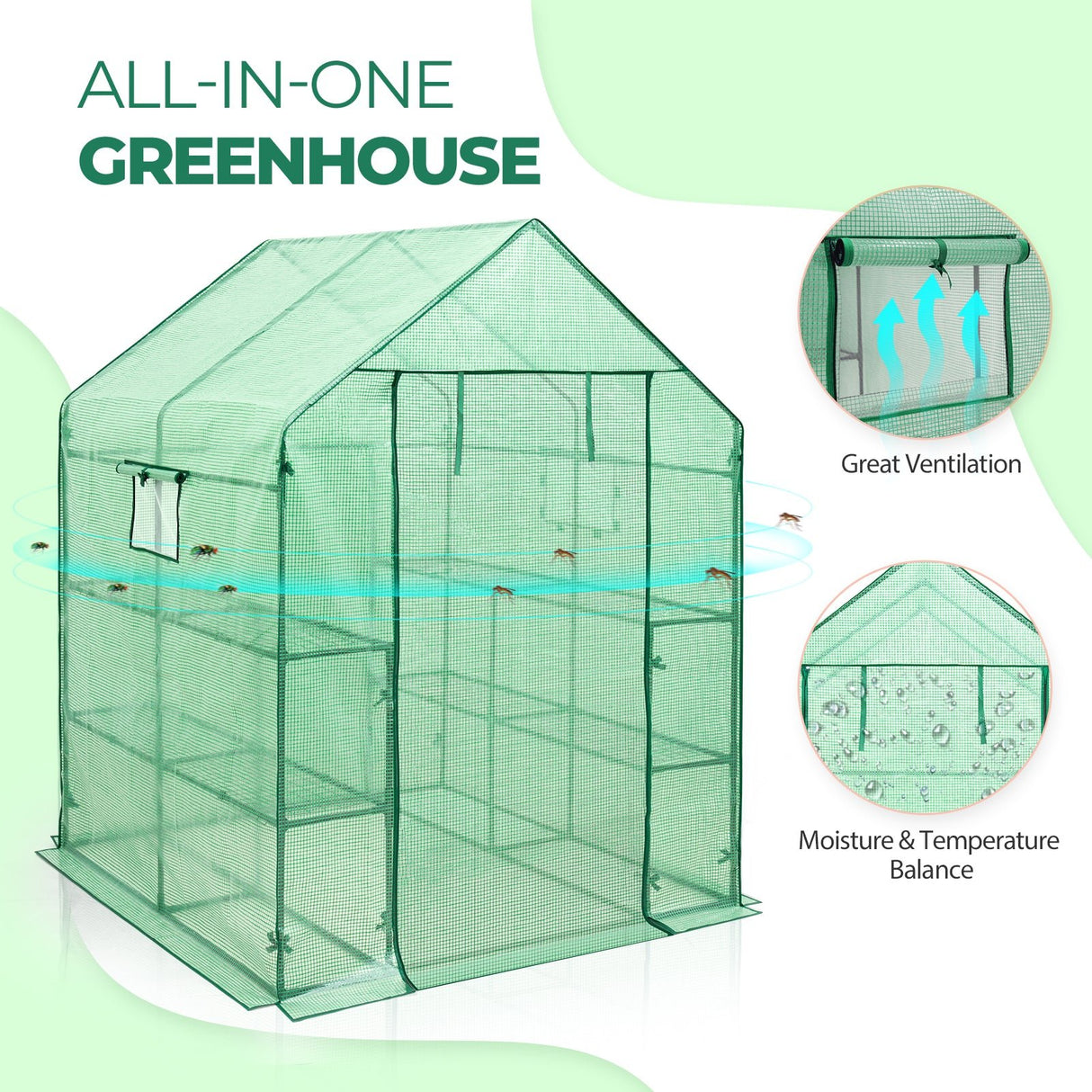 Walk In 3 - Tier Greenhouse with Wire Shelves, 56"x56"x76" - Eagle Peak