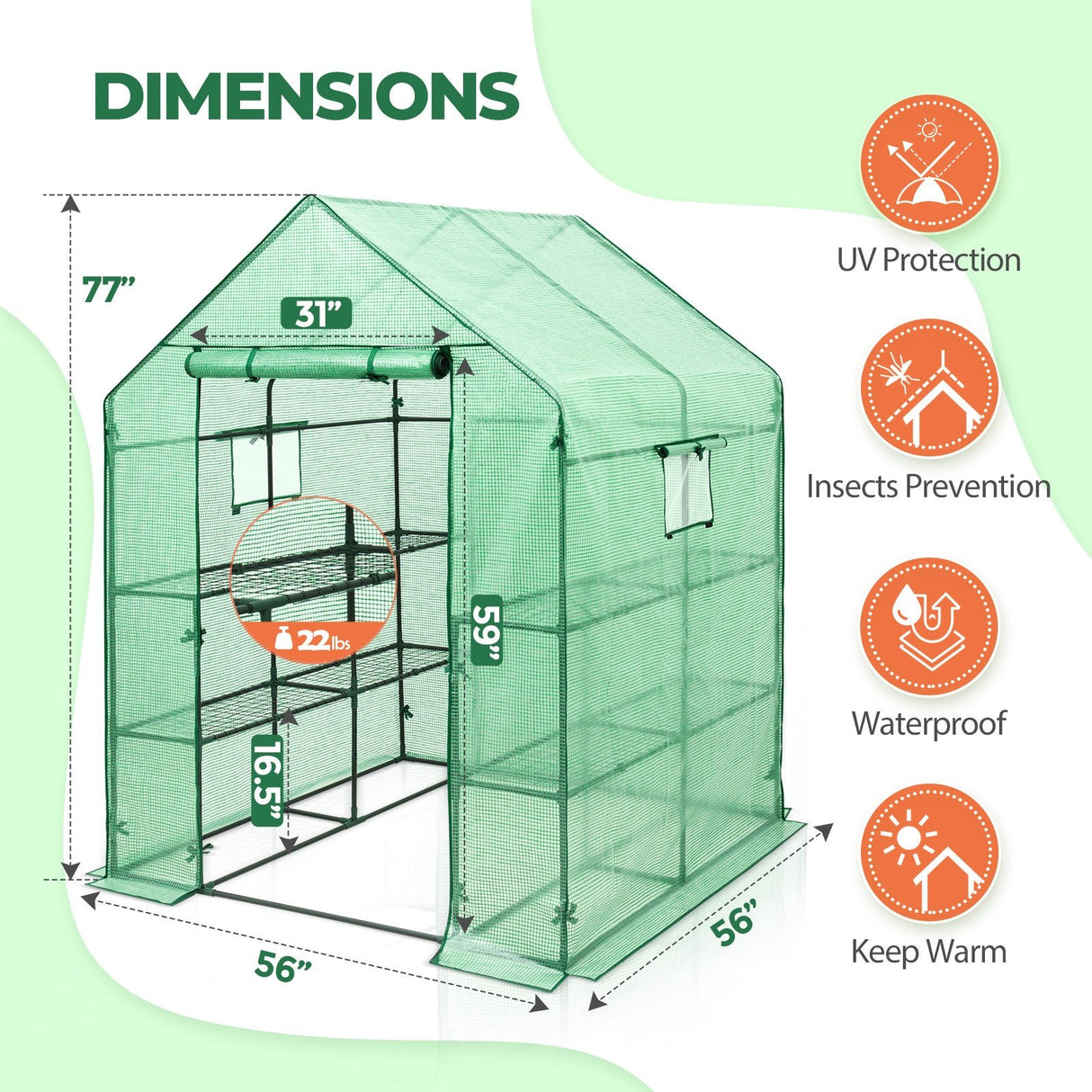 Walk In 3 - Tier Greenhouse with Wire Shelves, 56"x56"x76" - Eagle Peak
