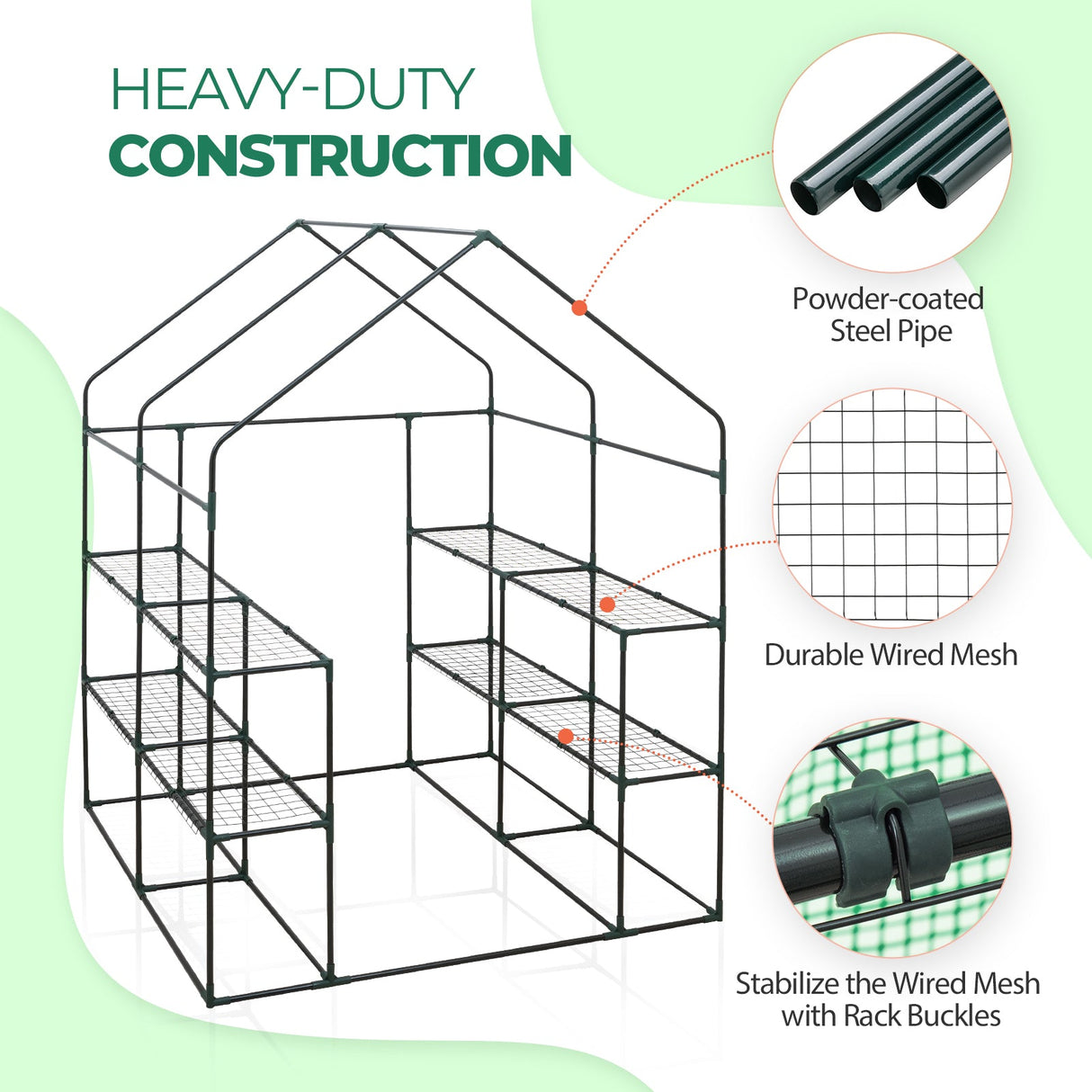Walk In 3 - Tier Greenhouse with Wire Shelves, 56"x56"x76" - Eagle Peak