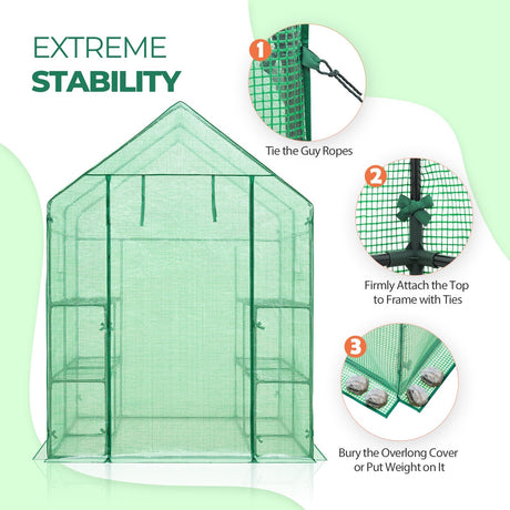 Walk In 3 - Tier Greenhouse with Wire Shelves, 56"x56"x76" - Eagle Peak