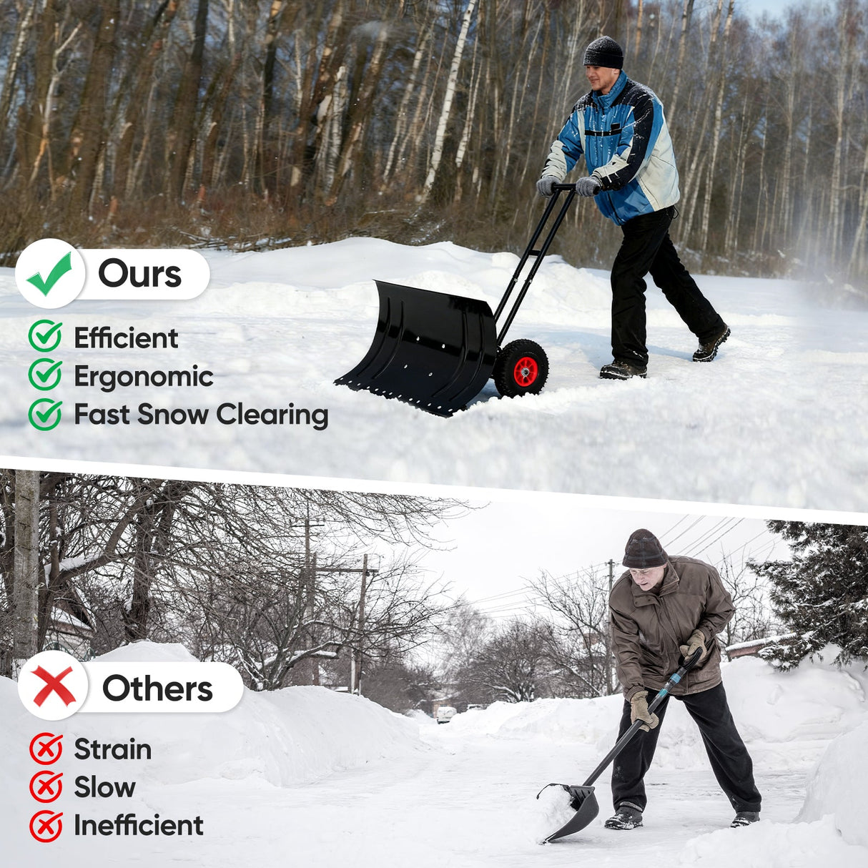 Wheeled Snow Shovel for Driveway 29”x16.5” Blade, Single/Dual Rod - Eagle Peak Custom Canopy Tent